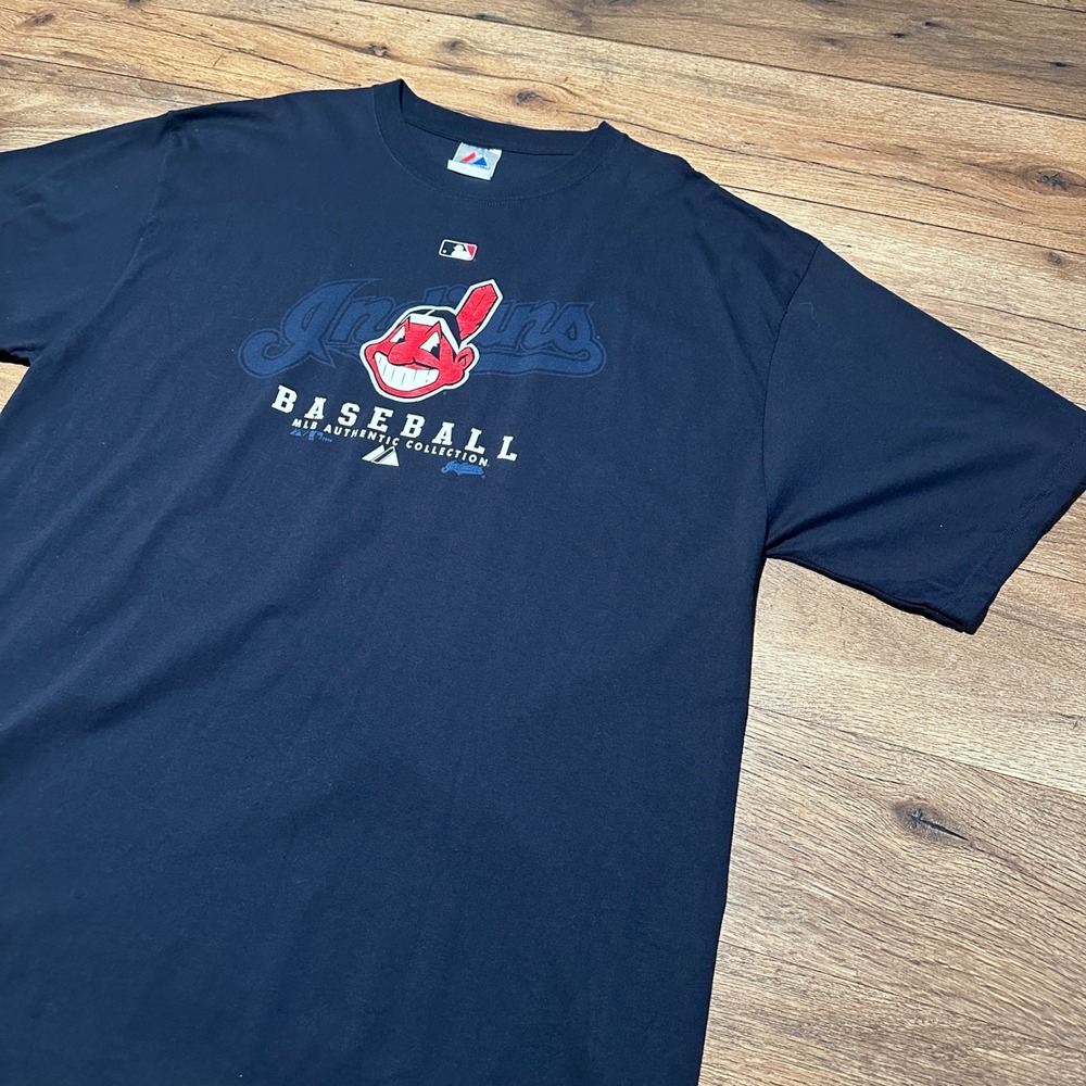 Vintage Majestic Cleveland Indians Navy Blue T-Shirt Mens XL Chief Wahoo MLB